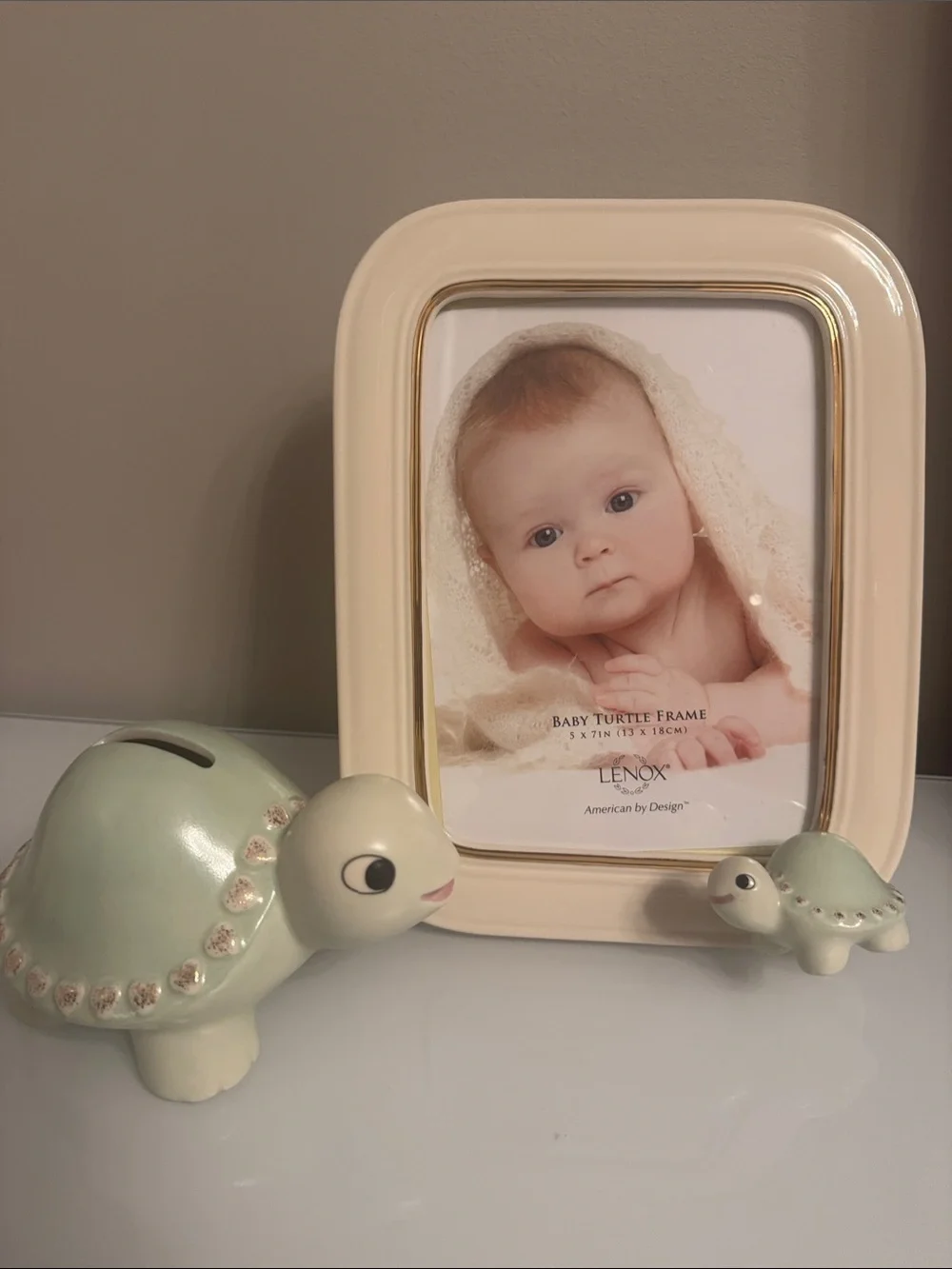 Lenox Baby Green Turtle Piggy Bank and 5x7 in Photo Frame Set
